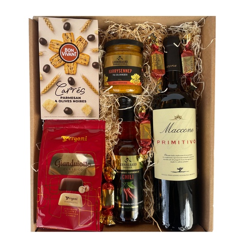 Julegave - 10 Delikatesser og Rødvin